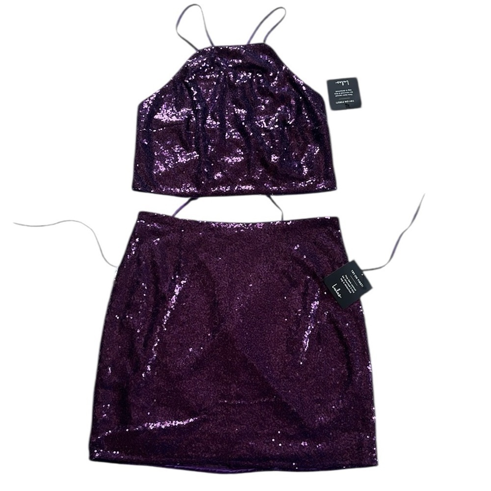 LULUS Purple Sequin Lace-Up Two-Piece Mini Dress NWT Size Large - Picture 5 of 14